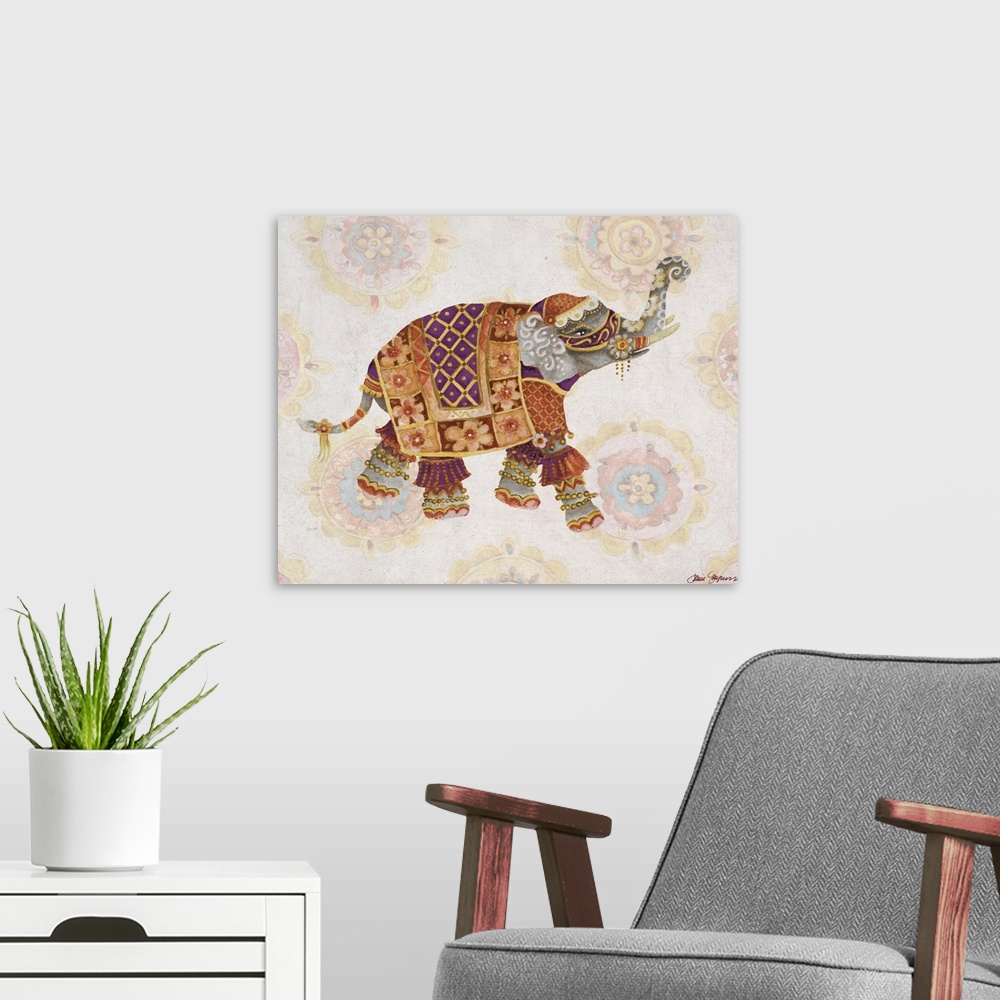A modern room featuring A decorative painting of a festive elephant on a floral medallion background.