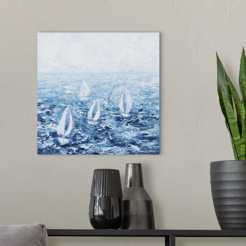 A modern room featuring A cool toned contemporary abstract painting of four white sail boats on choppy ocean water.