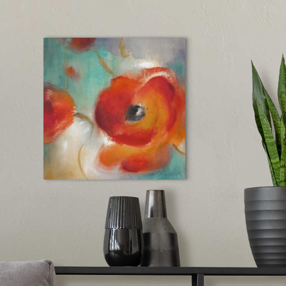 A modern room featuring Floral painting of a large blooming poppy flower on a blurred colorful background.