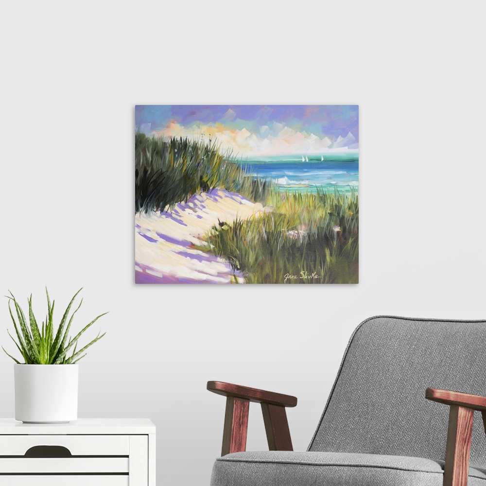A modern room featuring Contemporary painting of beach grasses in the dunes overlooking the ocean.