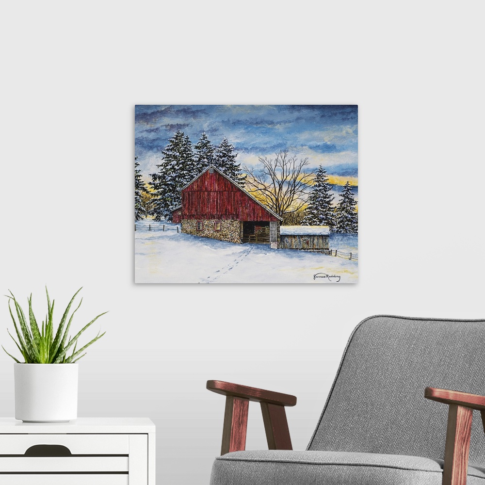 A modern room featuring A contemporary snowy winter landscape painting of a red barn.