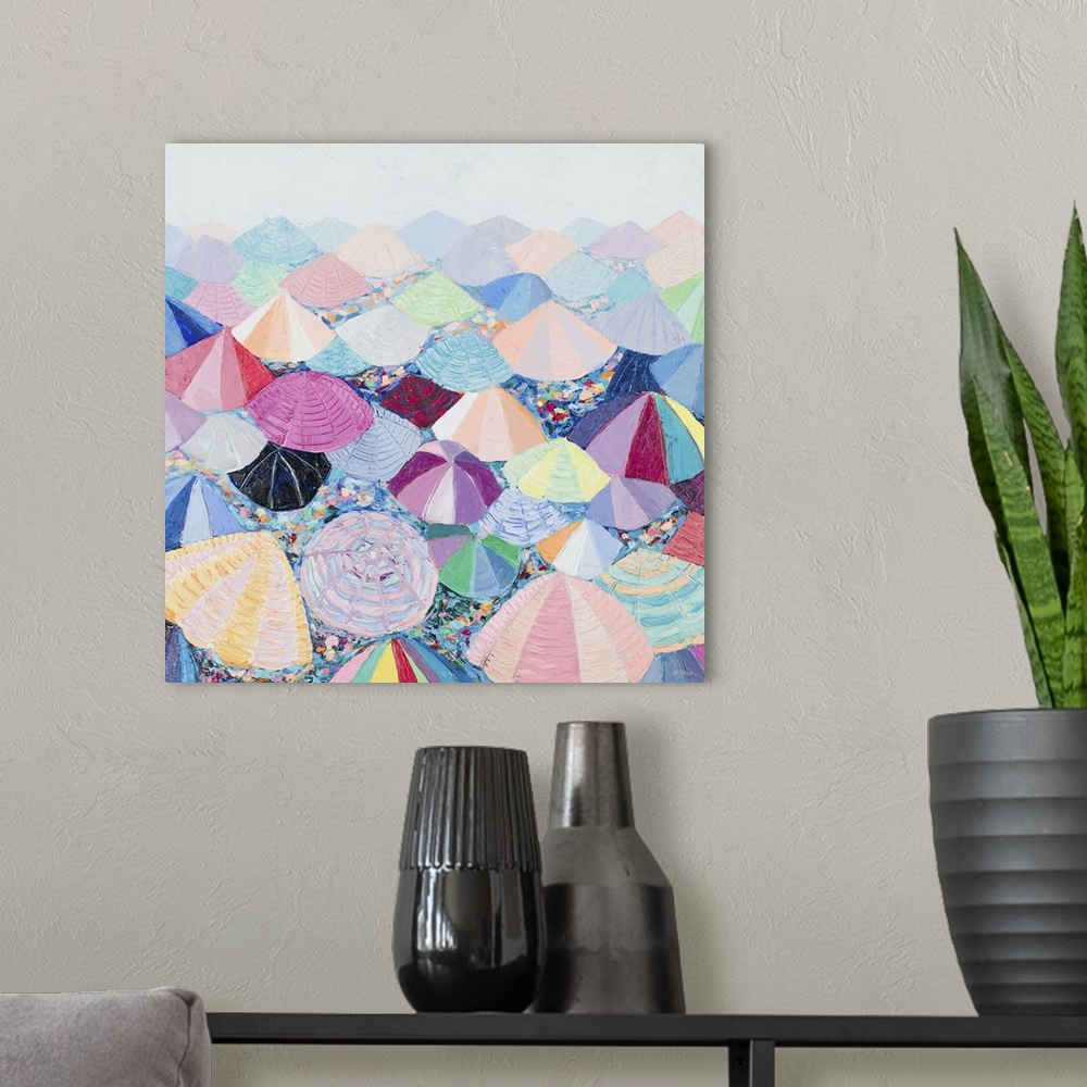 A modern room featuring A contemporary painting of a beach scene with colorful umbrellas that have thick paint layers cre...