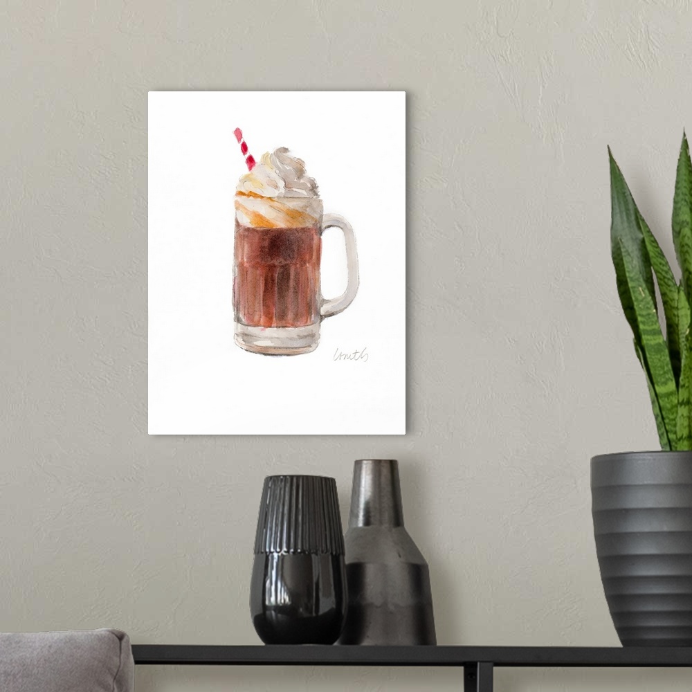 A modern room featuring Watercolor painting of a classic root beer float with a red and white striped straw.