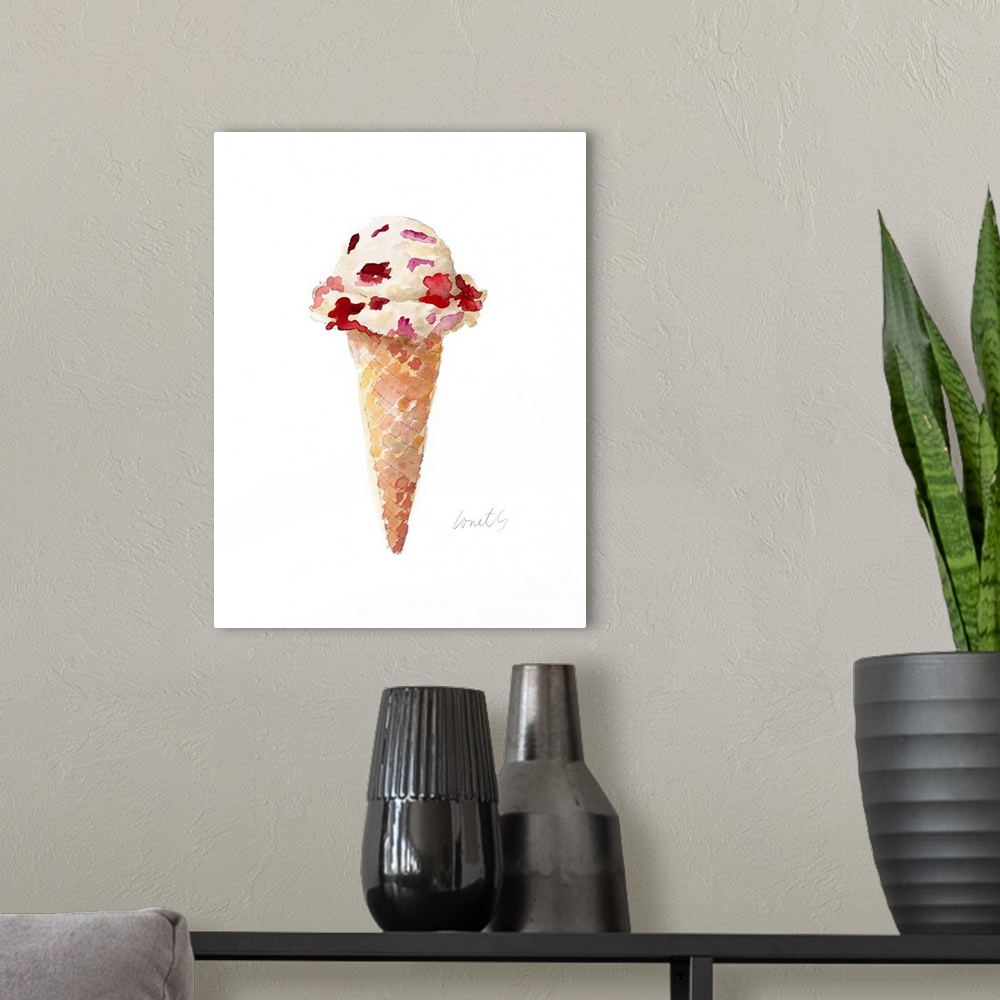 A modern room featuring Watercolor painting of an ice cream cone with strawberry chunk ice cream.