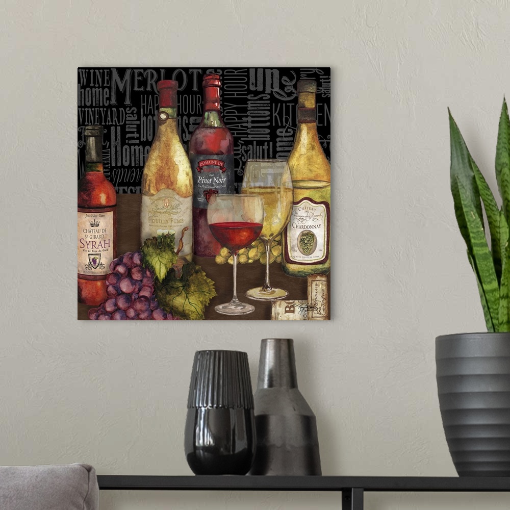 A modern room featuring A still life painting of wine bottles, glasses of wine, and grapes with wine associated words pai...