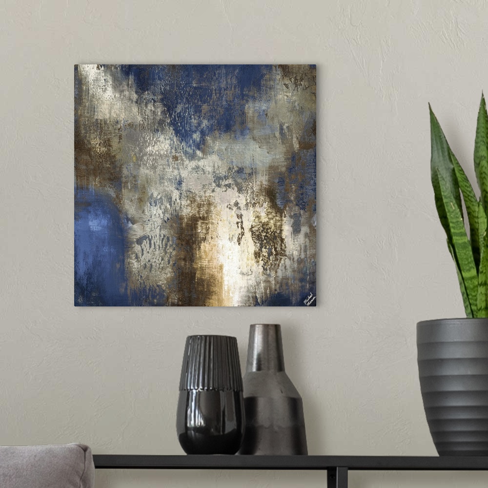 A modern room featuring Contemporary abstract artwork in dark shades of blue and brown.