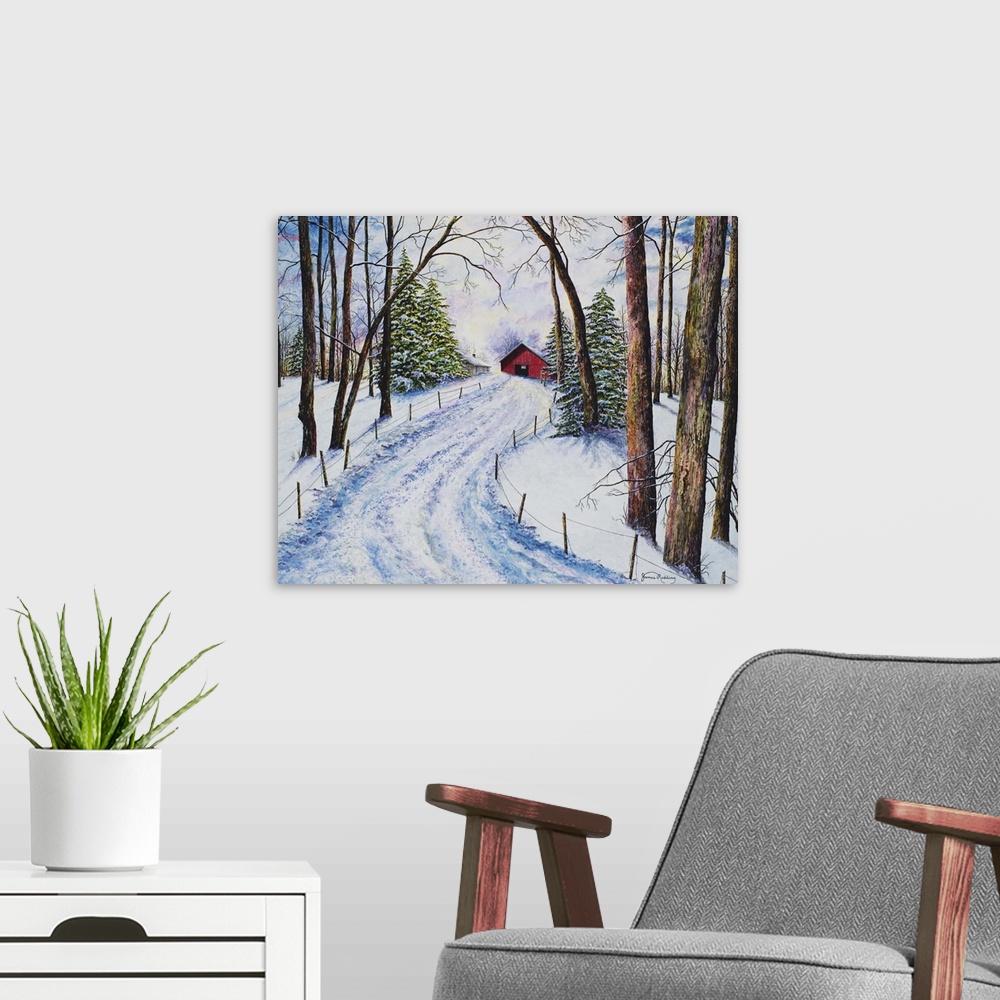 A modern room featuring A contemporary painting of a snowy driveway leading to a red barn and surrounded by trees.