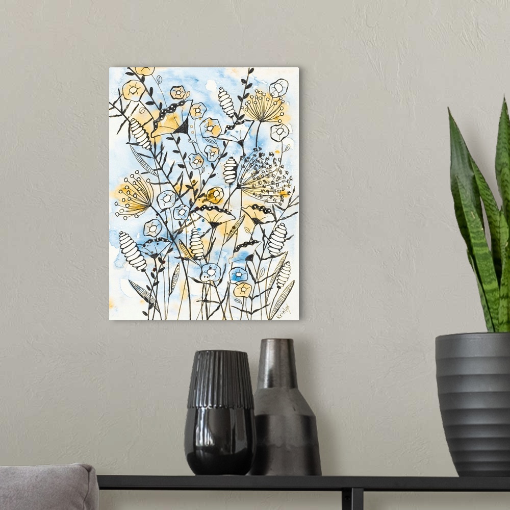 A modern room featuring Yellow and Blue Blooms II