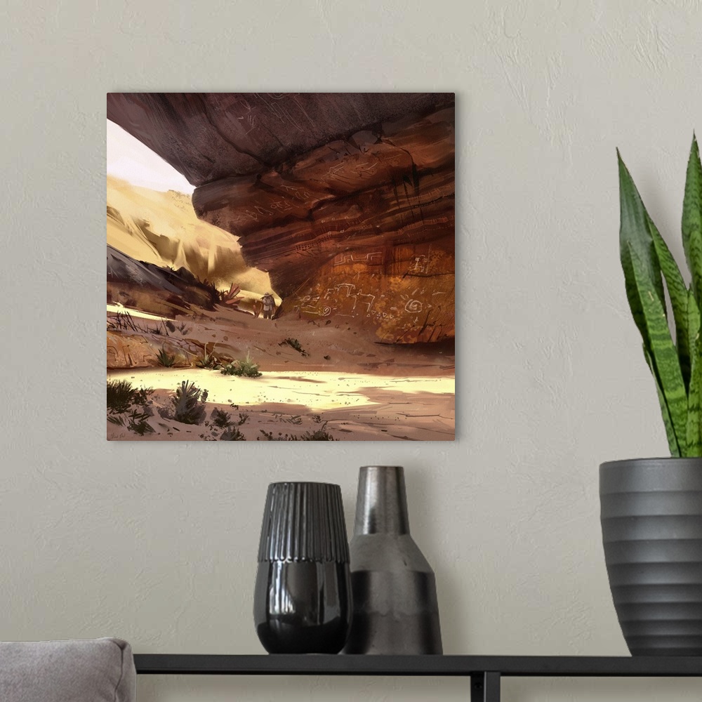 A modern room featuring Painting of desert canyon rock wall.