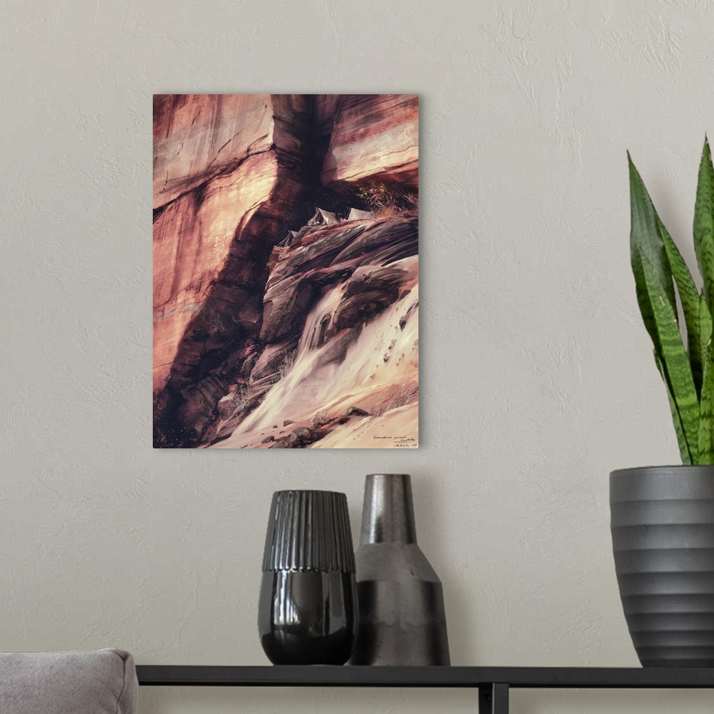A modern room featuring Painting of campsite on a face of a large desert cliff.