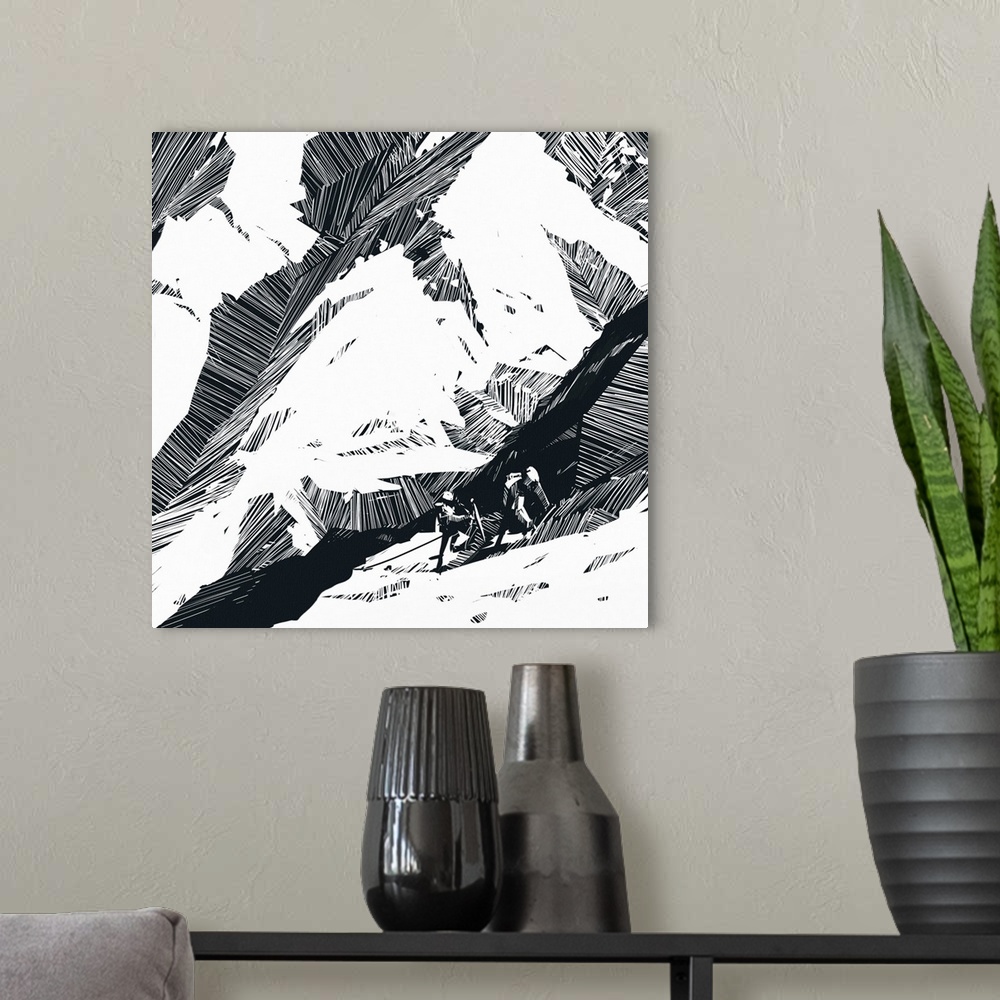 A modern room featuring Stylized monochrome sketches of climbers in mountain landscapes.