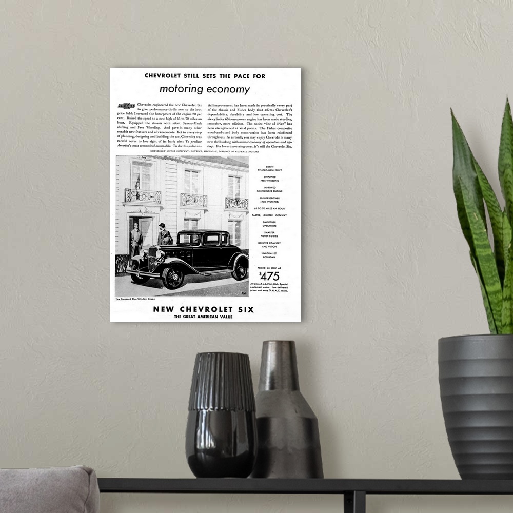 A modern room featuring Advertisement for the Chevrolet 'Six' automobile, 1932.