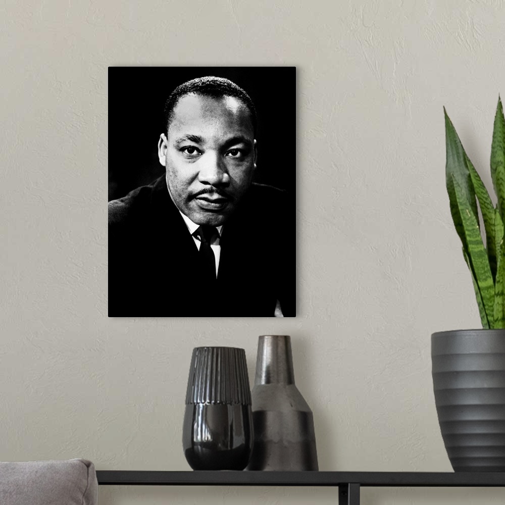 A modern room featuring MARTIN LUTHER KING, Jr. (1929-1968). American cleric and civil rights leader. Photograph, c1968.