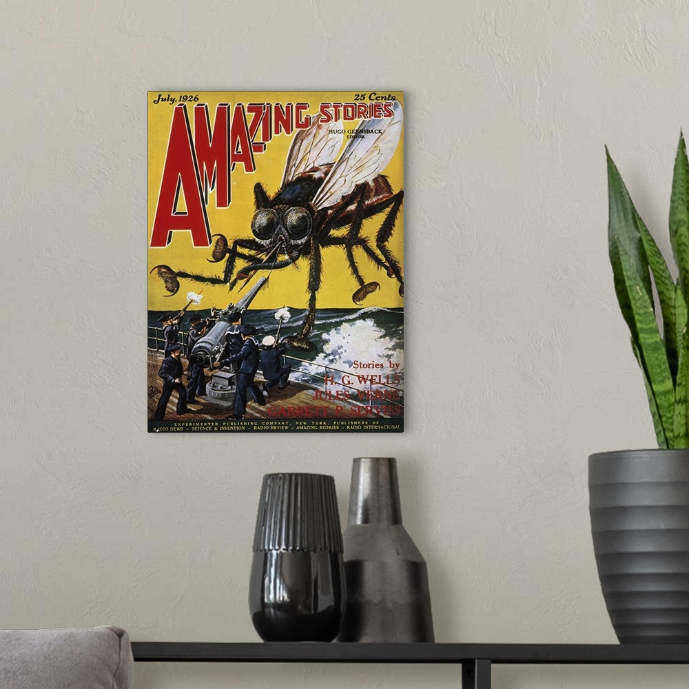 A modern room featuring American science fiction magazine cover, 1927, illustrating The War of the Worlds by H.G. Wells.