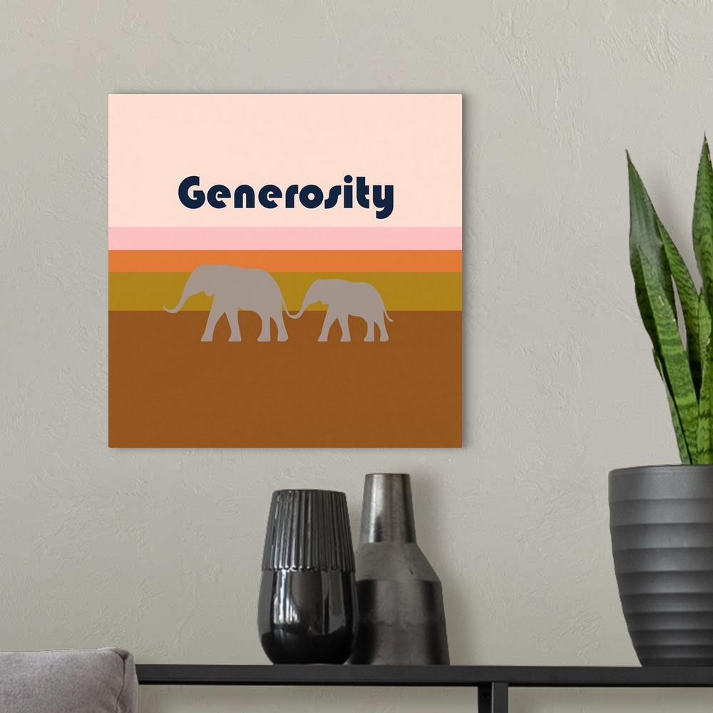 A modern room featuring A modern illustration of a pair of elephants and the text 'Generosity' with a white border.