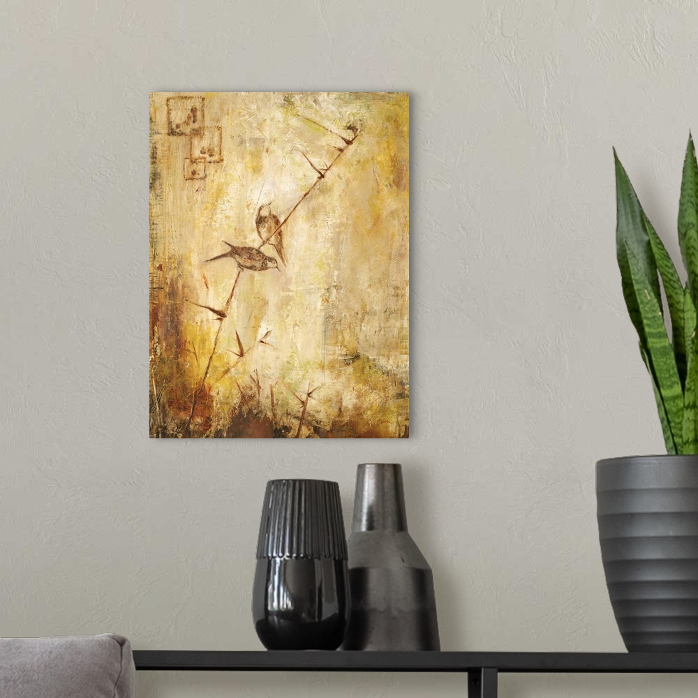 A modern room featuring Contemporary painting of a pair of birds perched on a long thin stem.