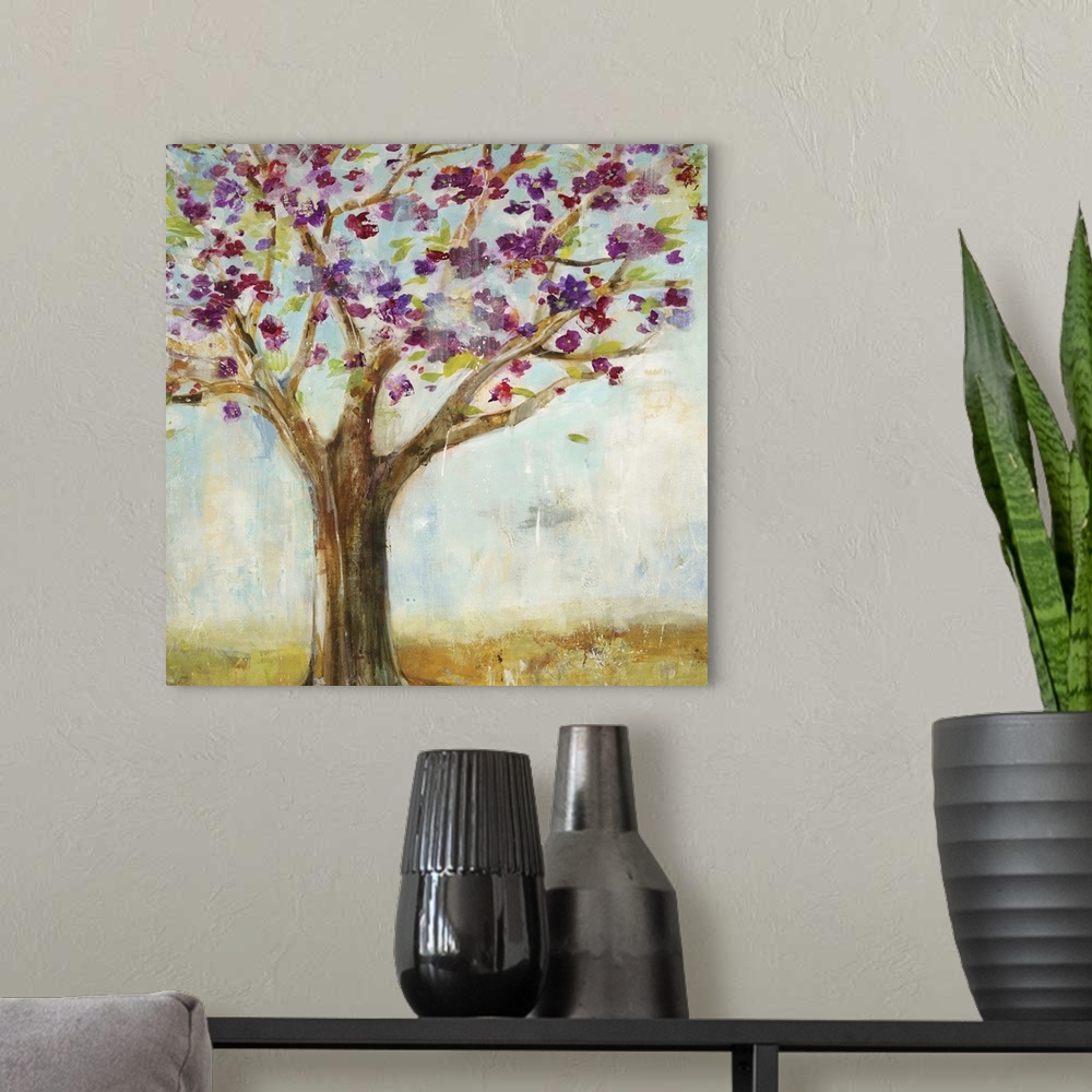 A modern room featuring Contemporary painting of a tree with purple blossoming flowers.