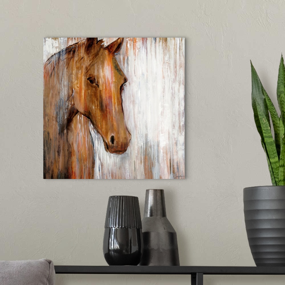 A modern room featuring Oversized wall art for the home or office this close up of a horseos head has abstract elements m...
