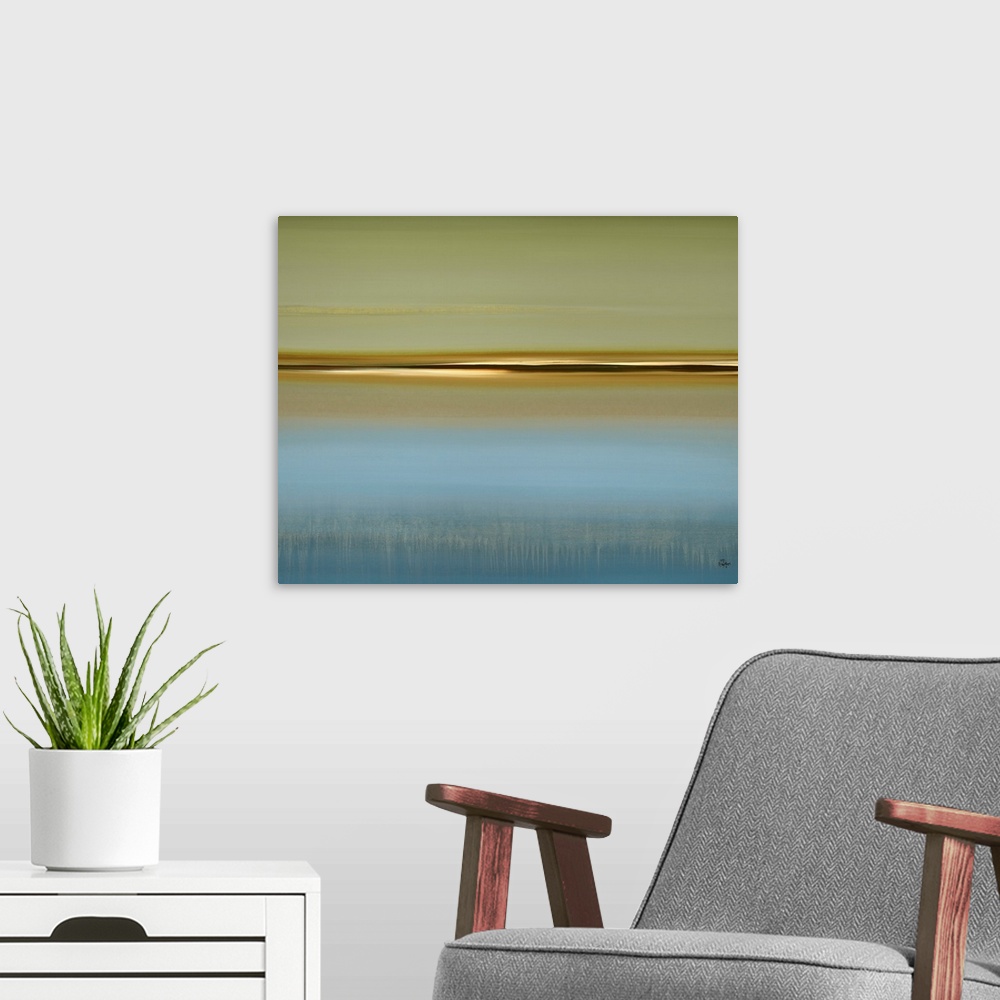 A modern room featuring Horizontal, oversized abstract wall hanging of a flat horizon surrounded by calm water and open s...