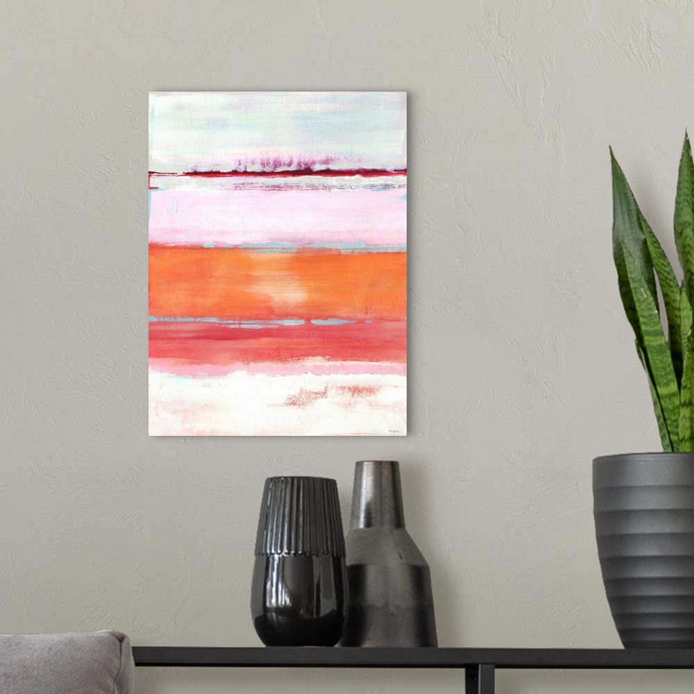 A modern room featuring Contemporary abstract painting using warm tones to convey a landscape.