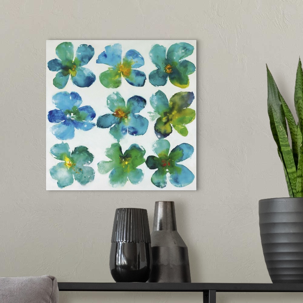 A modern room featuring Contemporary painting of blue-green flowers in rows.