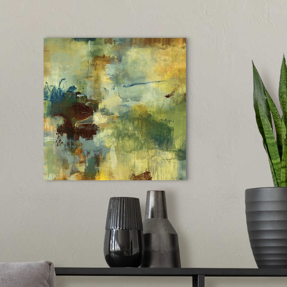 A modern room featuring Abstract art piece with splashes of muted paint colors and paint drips running down the art.