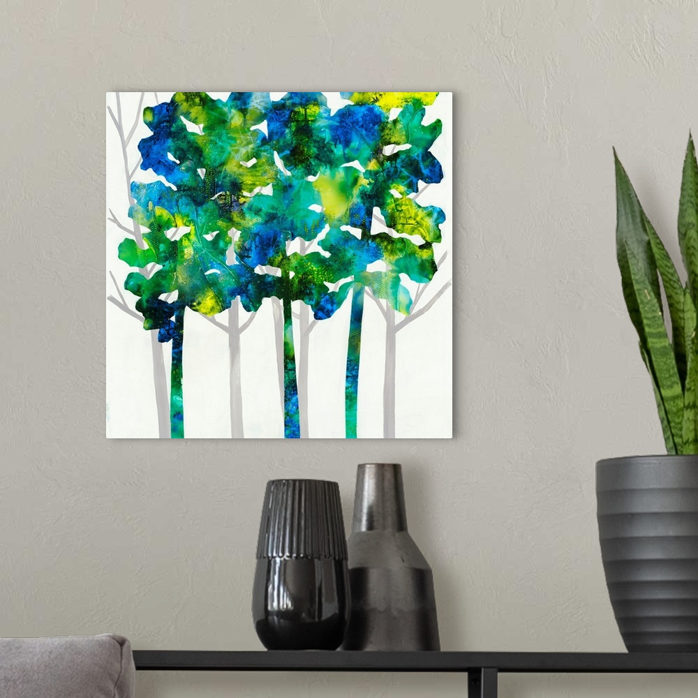 A modern room featuring Tall Trees VIII