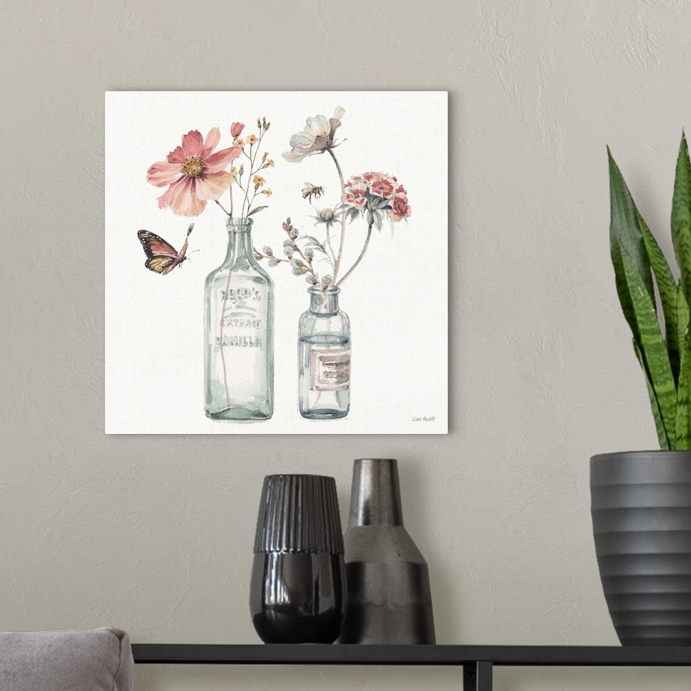 A modern room featuring Decorative artwork of watercolor flowers in a glasses over a white background.
