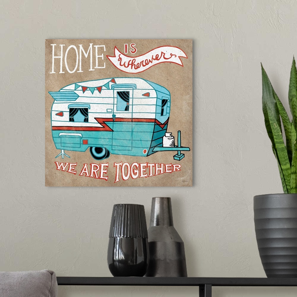 A modern room featuring Whimsical drawing of a camper in teal and red with handlettered text.