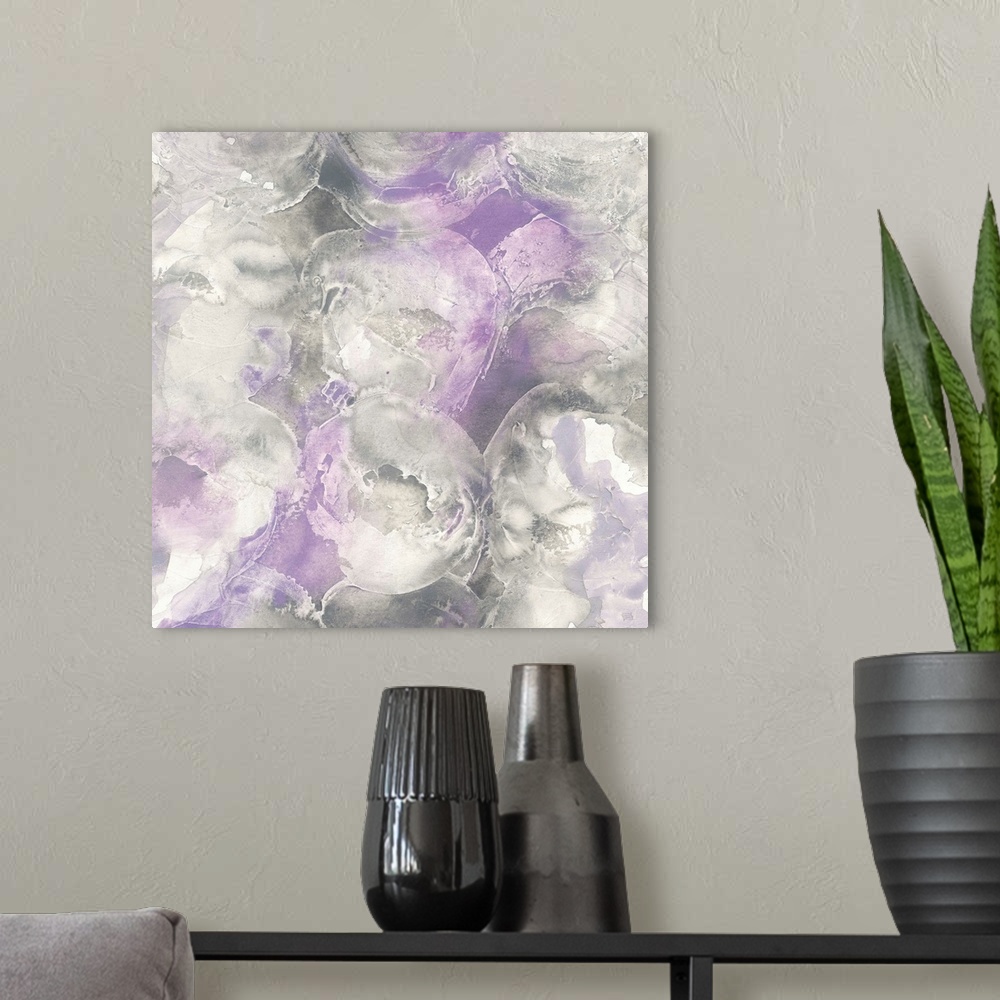 A modern room featuring Square abstract painting of textured swirls of grey and purple.