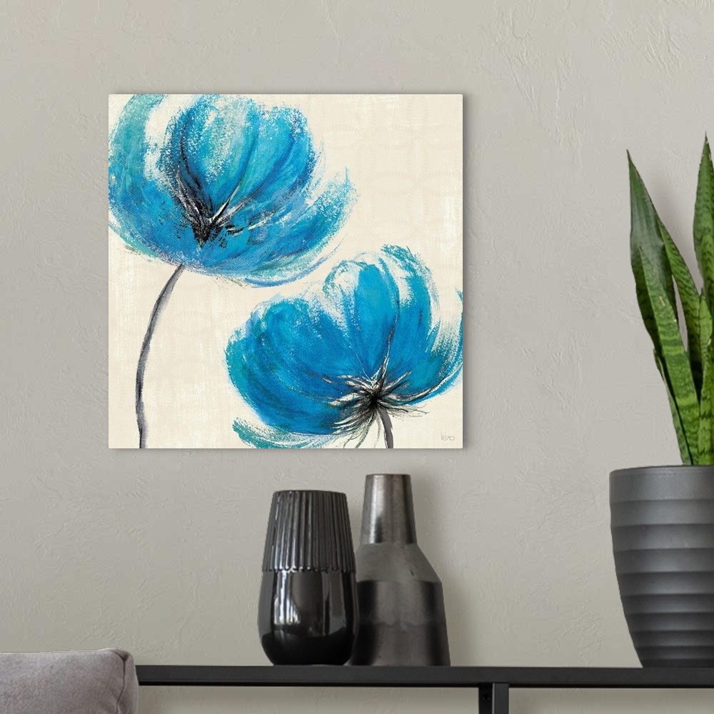 A modern room featuring Large contemporary art focuses on two lone flowers constructed of bright cool tones positioned ag...