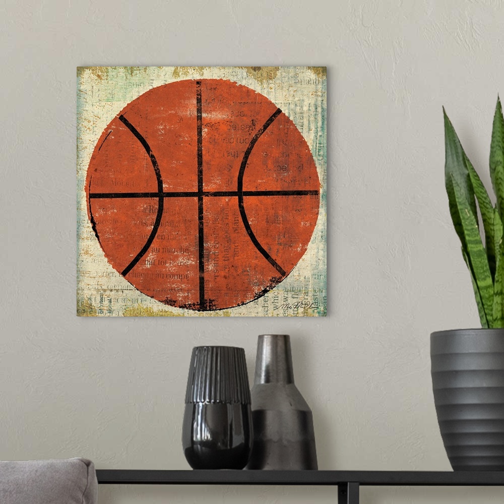 A modern room featuring This square shaped wall art is perfect for a sport enthusiast shows a basketball painted over a c...