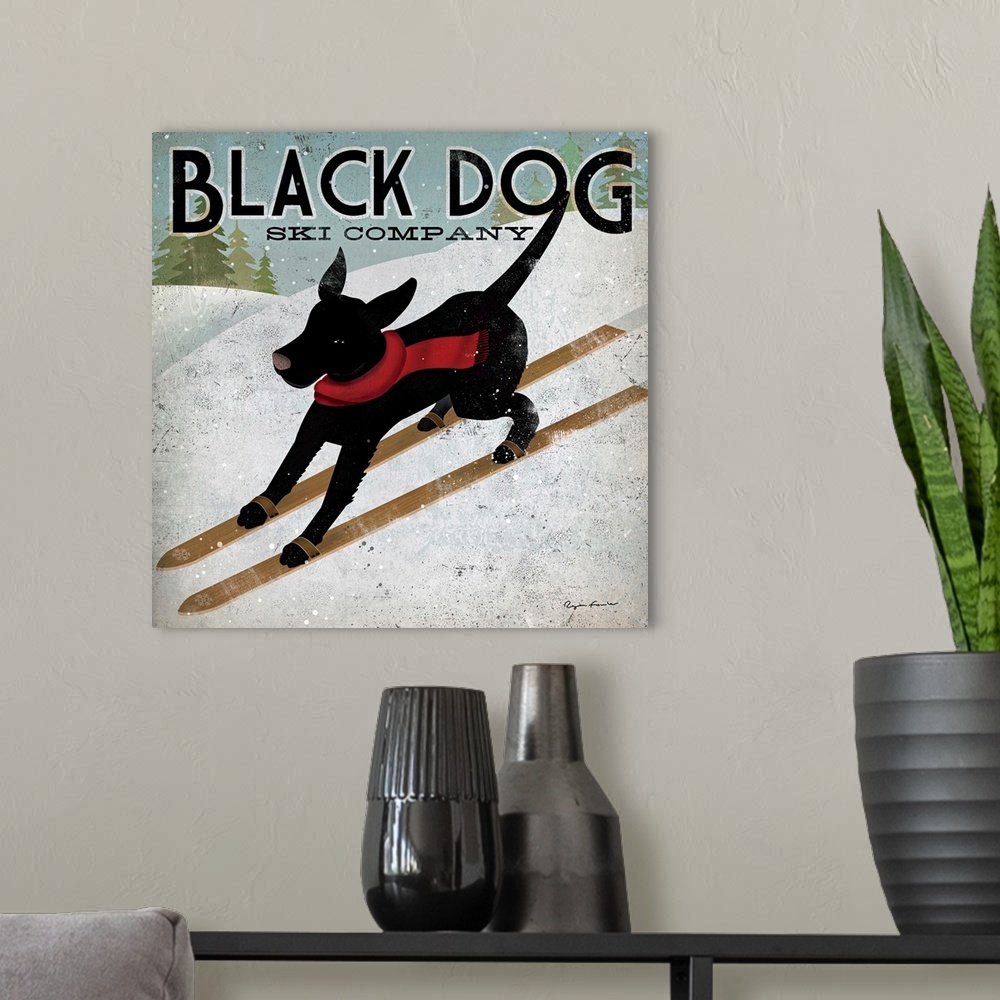 A modern room featuring Giant square canvas art displays an advertisement for Black Dog Ski Company.  In the ad, a dog we...