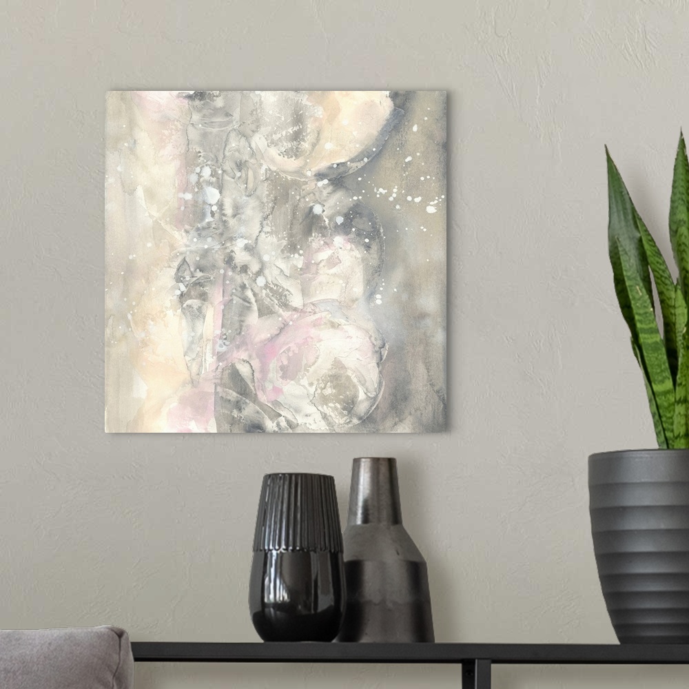 A modern room featuring Square abstract painting of textured muted colors with white splatters overlapping and pink accents.