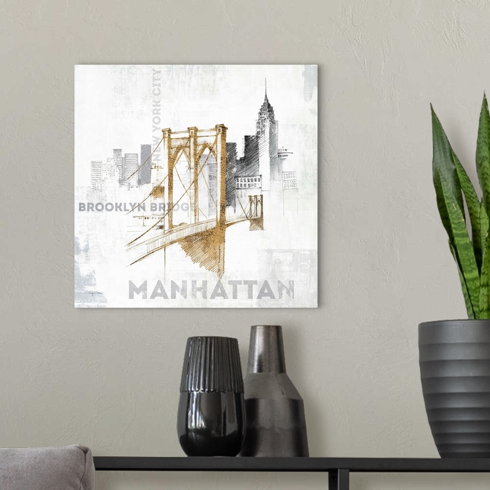 A modern room featuring Sketches of the Brooklyn Bridge and the New York skyline in metallic colors.