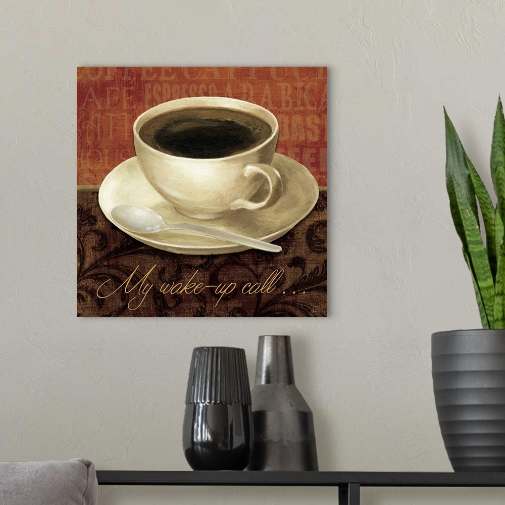 A modern room featuring Square decorative panel of a full cup of coffee and saucer on a floral print with the text "My wa...