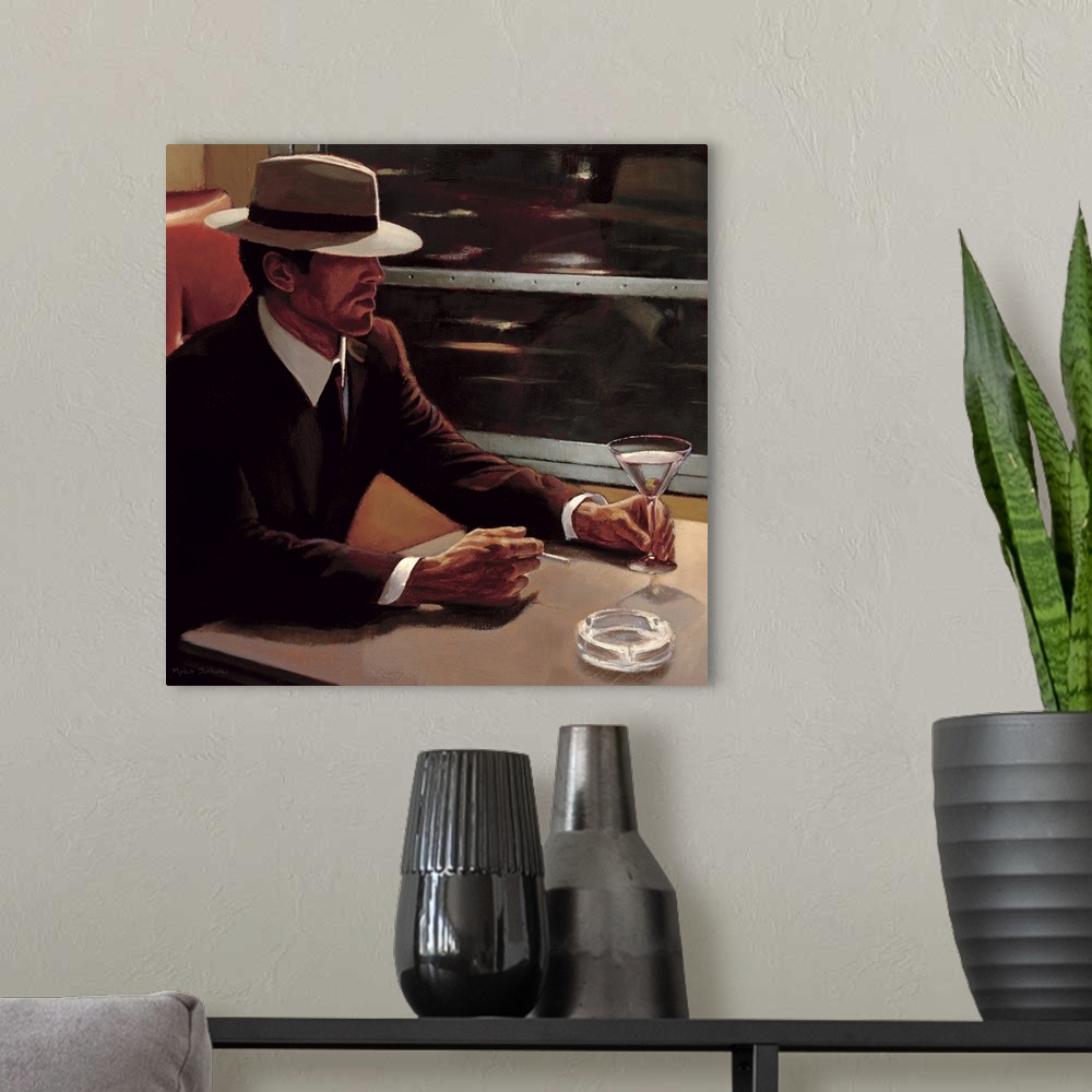 A modern room featuring Contemporary artwork of a man as he sits in a booth drinking a martini and smoking a cigarette.