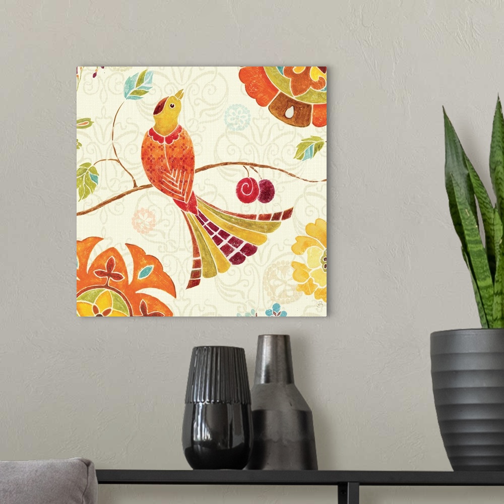 A modern room featuring Contemporary artwork of a brightly colored bird, surrounded by colorful floral patterns.