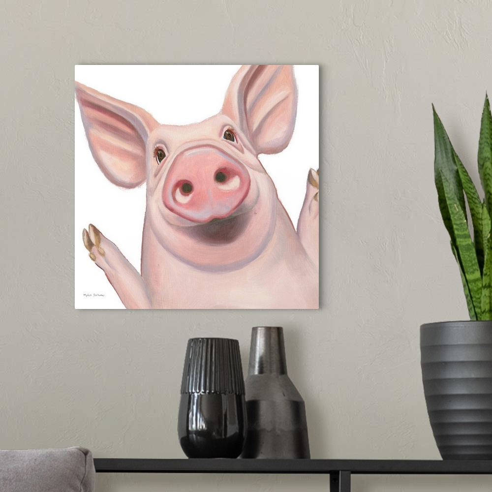A modern room featuring A delightful image of a baby pig smiling on a white background.
