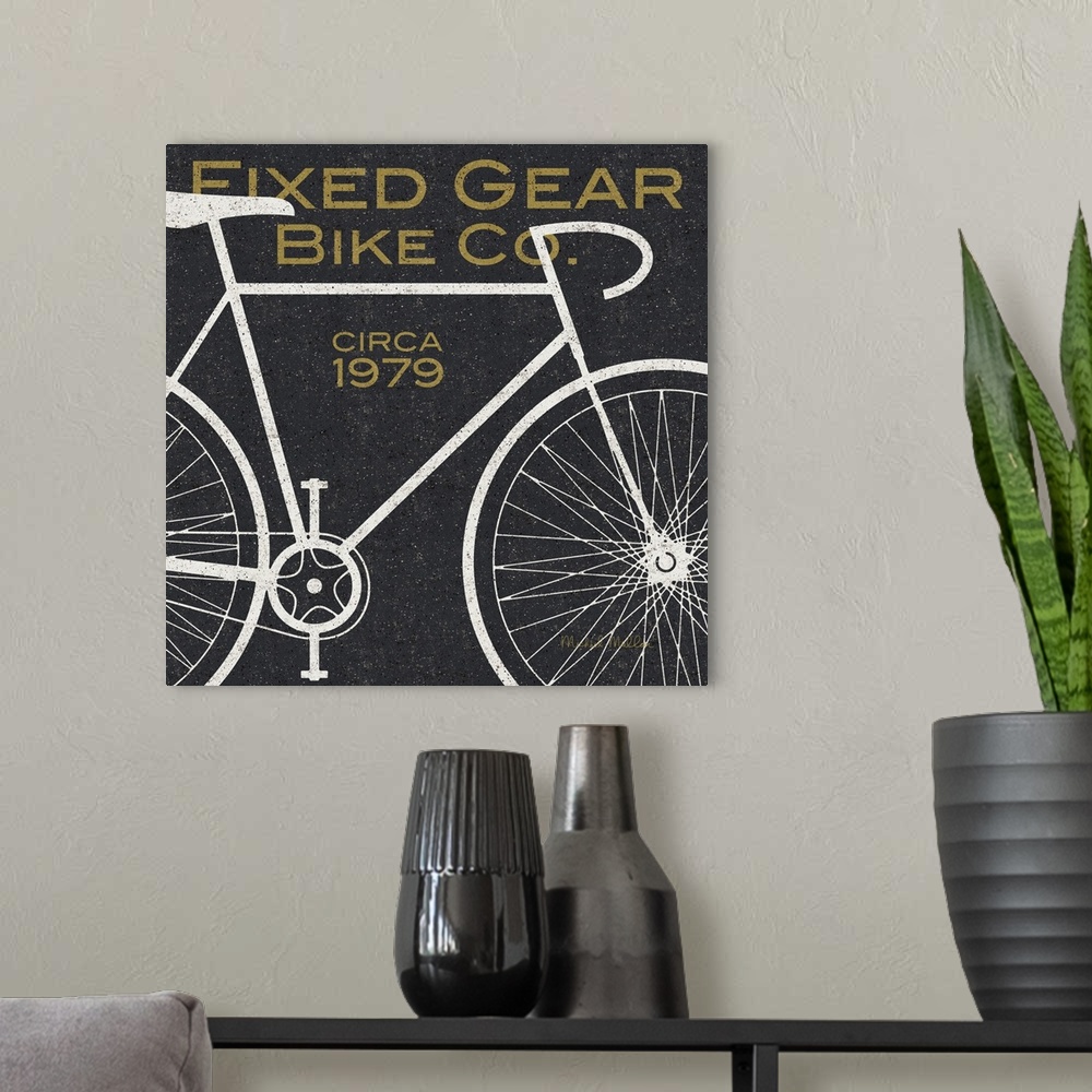 A modern room featuring Retro style sign for a bicycle company, with a white bike design.