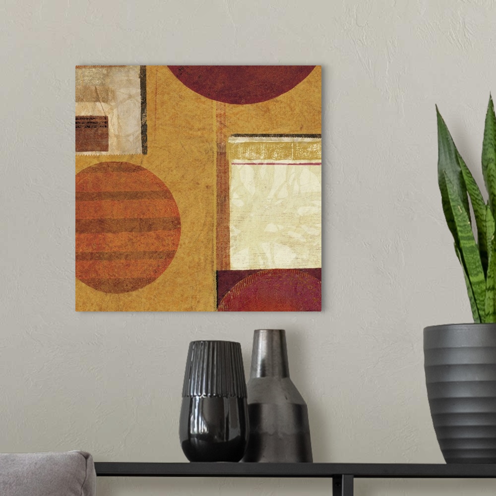 A modern room featuring This square abstract artwork uses geometric shapes to move the vieweros eye around this contempor...