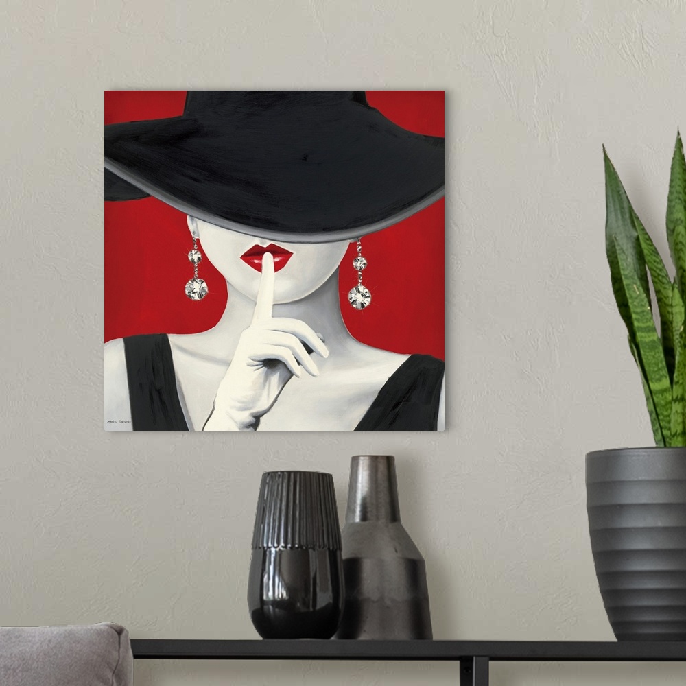 A modern room featuring A square painting of a stylish woman in a black dress, her face obstructed by a black hat, white ...