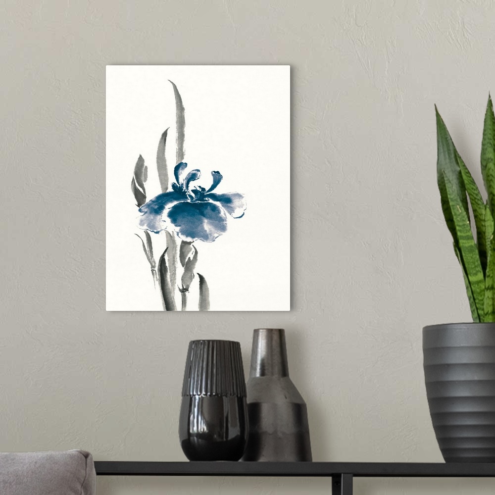 A modern room featuring Vertical watercolor painting of a blue iris flower against a white background.