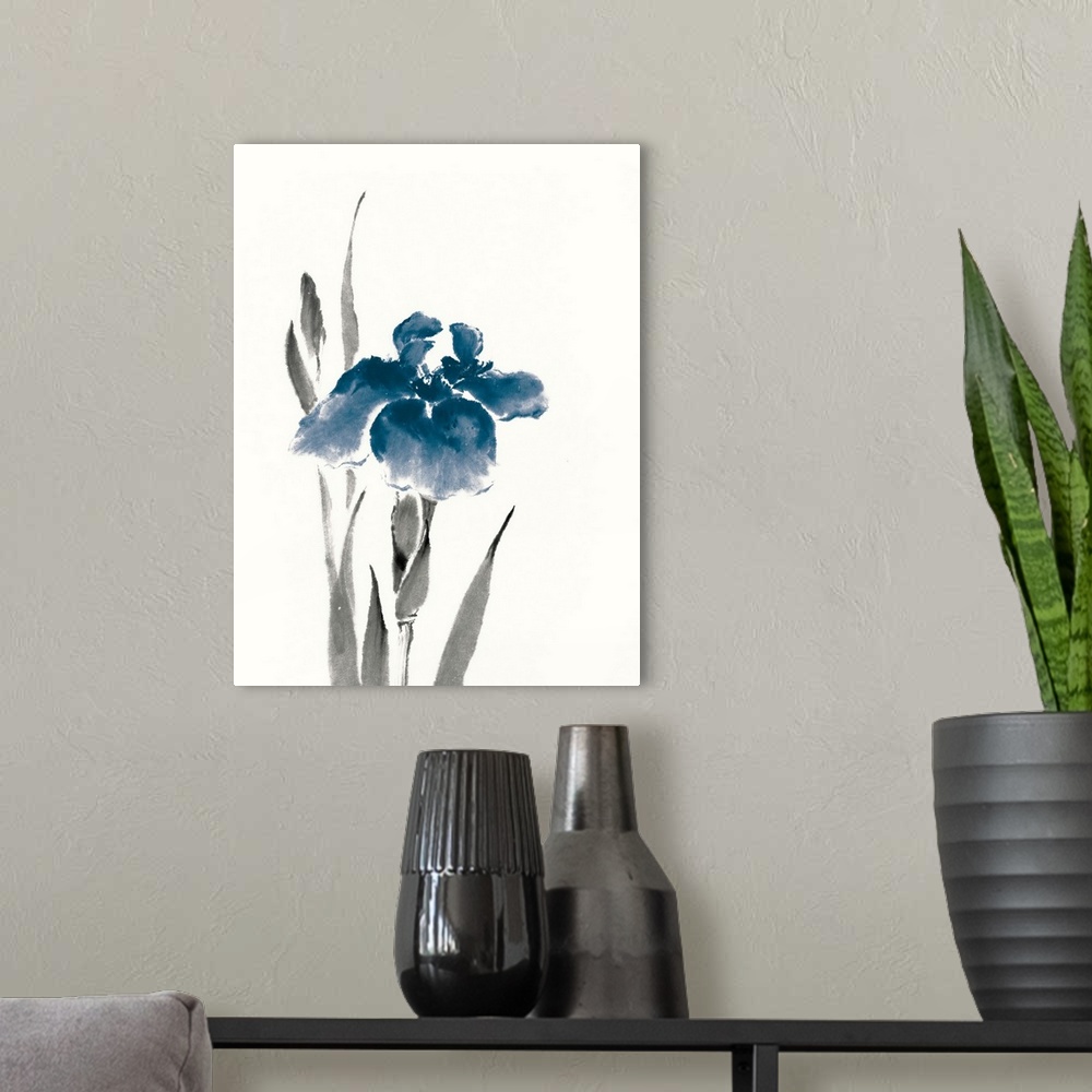 A modern room featuring Vertical watercolor painting of a blue iris flower against a white background.