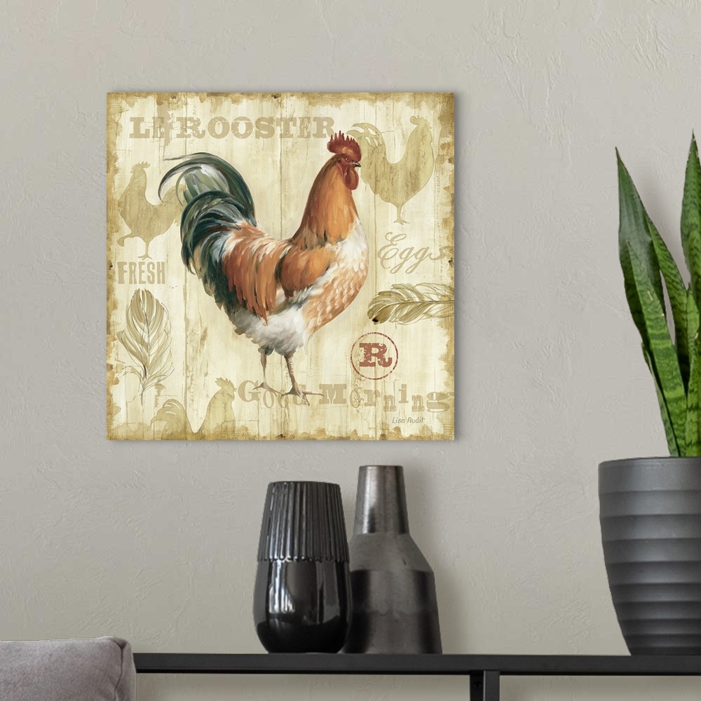 A modern room featuring Square, large home art docor of a painted rooster on a light, wood slatted background with slight...