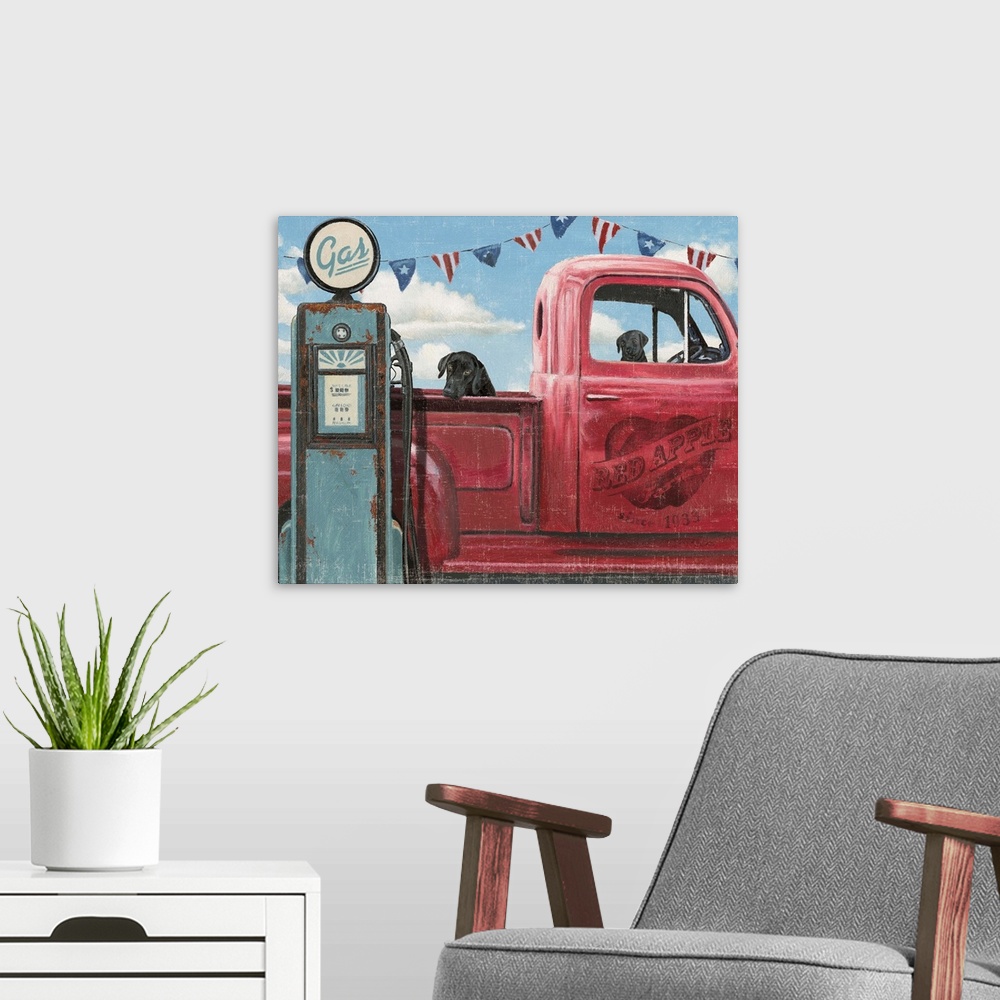 A modern room featuring Two dogs sitting in a vintage red truck at a gas station with a weathered, aged effect overlay.