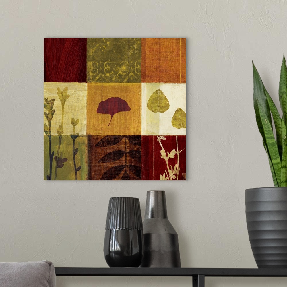 A modern room featuring Artwork of nine square tiles arranged in a 3x3 grid.  Each square has a different type of leaf va...