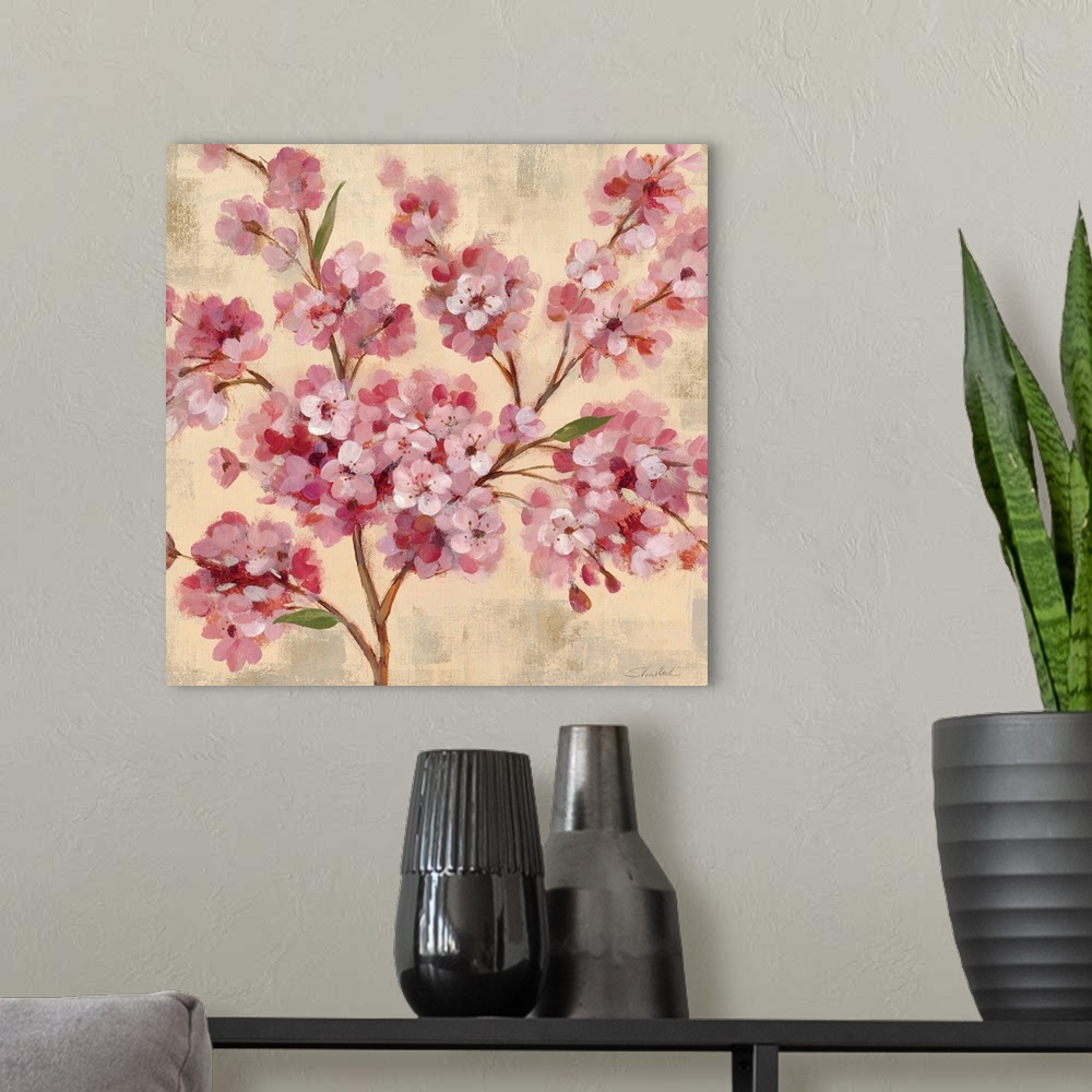 A modern room featuring Contemporary painting of flowers close-up in the frame of the image.