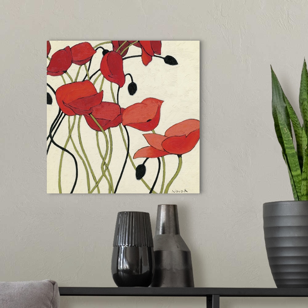 A modern room featuring Painting of poppy flowers in bloom with buds.