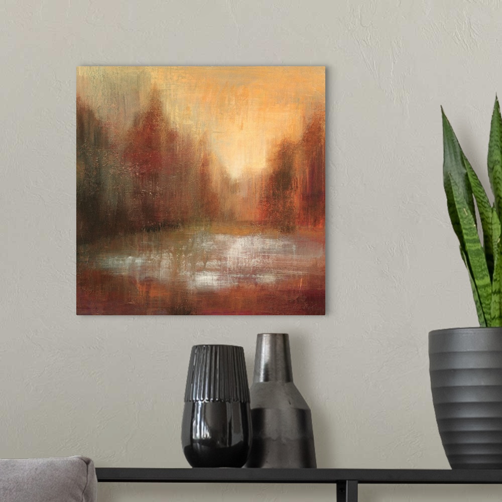A modern room featuring Abstract painting of earth tones almost looking like an idyllic forest scene.